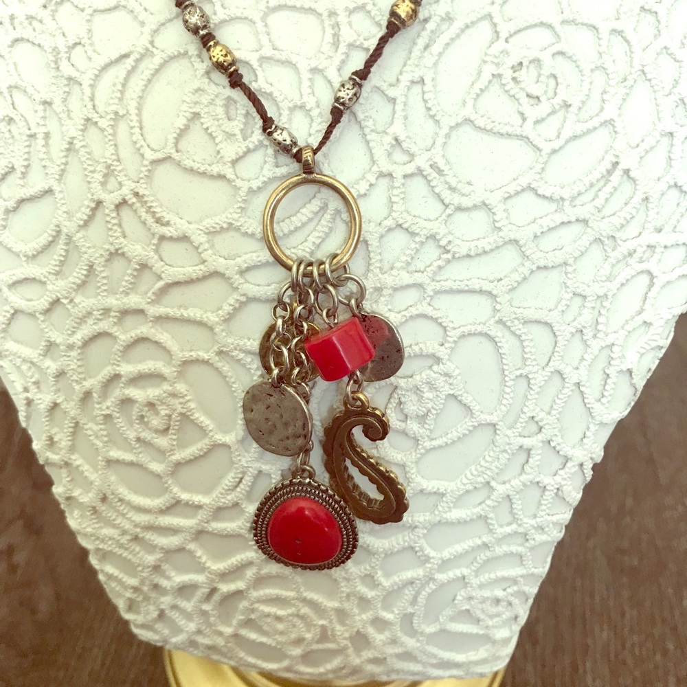 Lucky Brand Necklace Red Stone,Gold/Silver Metal